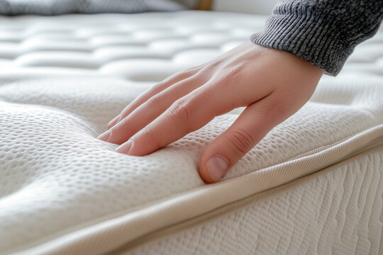 Orthopedic mattress being tested by a person pressing down with their hand, showing how it adapts to pressure.