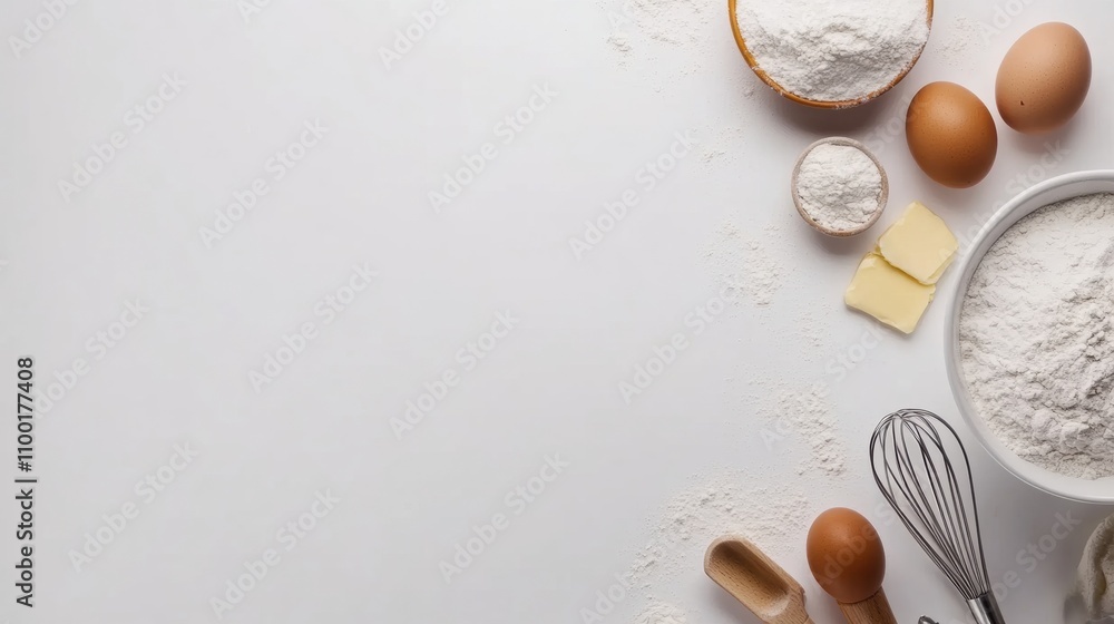 Poster flour, eggs, butter, and a whisk are neatly arranged on a white background, leaving room for additio