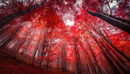red surreal forest in autumn