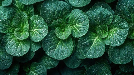 Fototapeta premium Fresh green cabbage leaves with morning dew drops in a garden setting