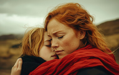 A Powerful Embrace: Capturing the Deep Connection Between a Mother and Child Amidst a Beautiful, Natural Landscape, Highlighting Love, Support, and Tender Moments in Life. Feminism and Women's Rights 