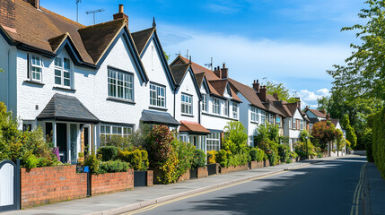 A row of modern, newly built terraced houses with clean architectural design, red brick and white facades, situated in a suburban neighborhood under a clear blue sky