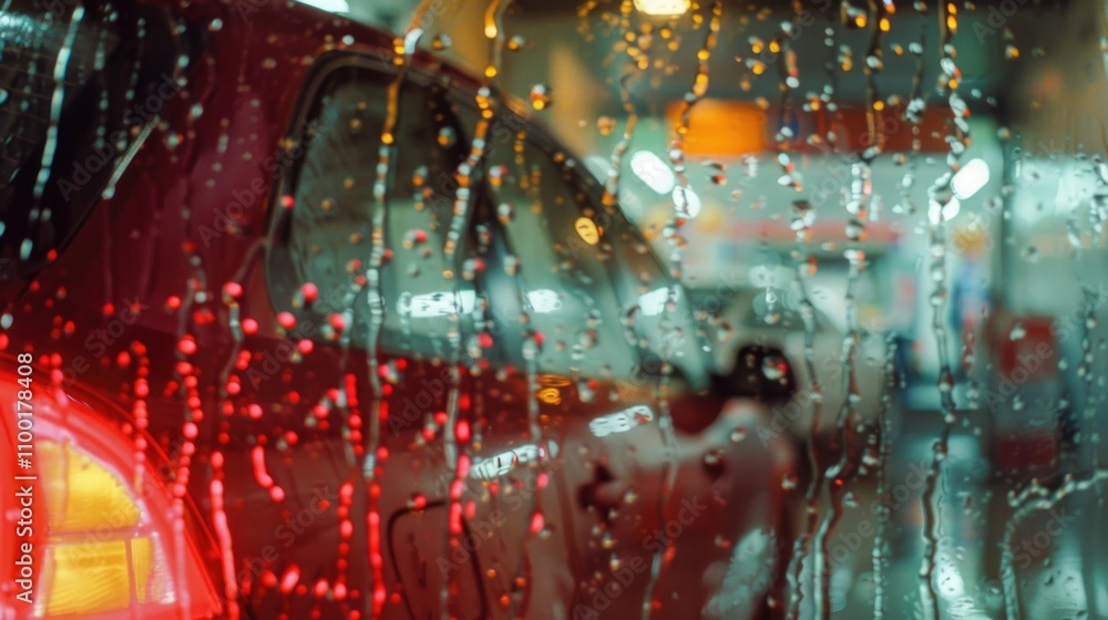 Aufkleber a red car is visible through a rain-covered window, great for use in weather-related or automotive-t