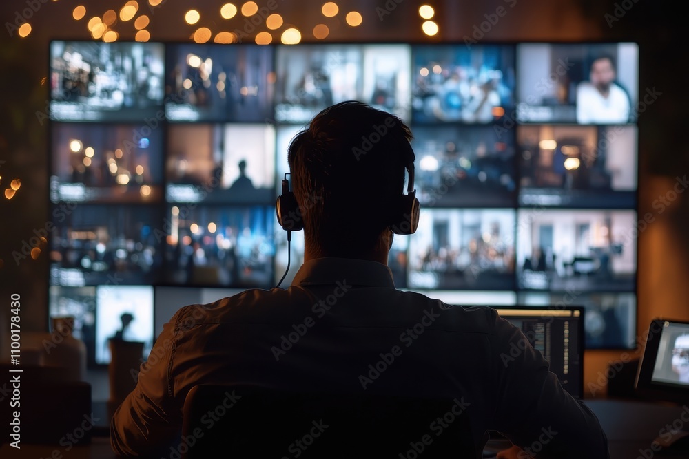 Aufkleber person monitoring multiple screens in a tech environment during a virtual event at night