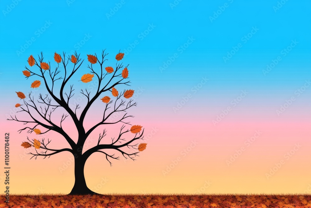 Poster a minimalist silhouette of a tree with bare branches surrounded by scattered leaves in a gradient of