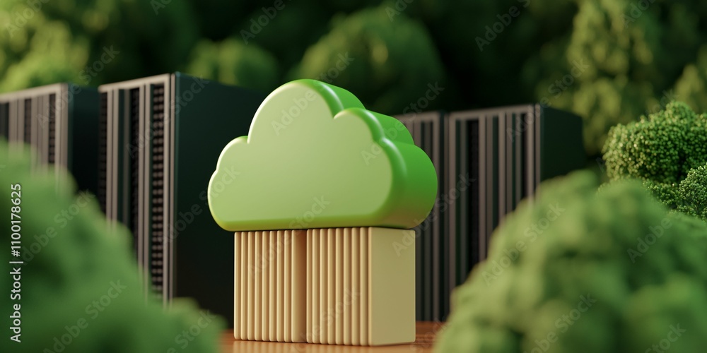 Poster cloud computing optimize. a green cloud symbol stands between server stacks, surrounded by lush gree