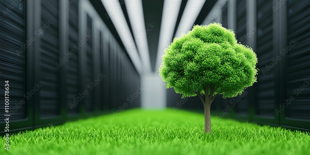 Poster cloud computing optimize. a vibrant green tree grows amidst a backdrop of dark server racks, symboli