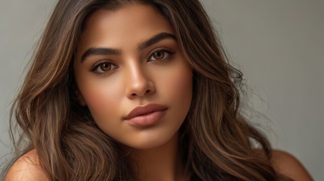 Brunette italo-colombian woman , slightly fleshy, long silky hair, warm caramel tone, full lips, brown eyes, plump dimples on her cheeks, &ecirc;tes detail, sexy, overall plan