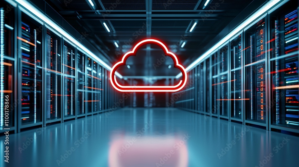 Poster cloud computing optimize. a futuristic data center featuring a neon cloud symbol, representing cloud