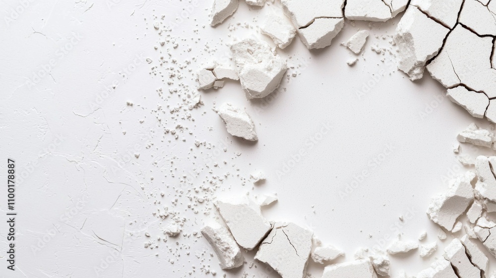 Poster a circular arrangement of cracked white pieces on a smooth surface, showcasing texture and contrast 