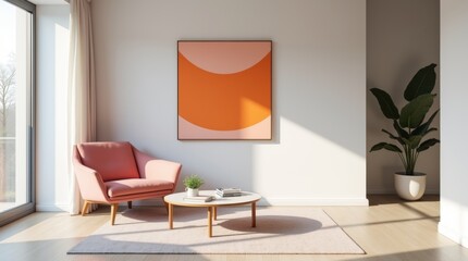 Fototapeta premium Minimalist interior design of modern living room. Stylish modern room featuring a pink armchair, abstract orange wall art and minimalist decor with natural light
