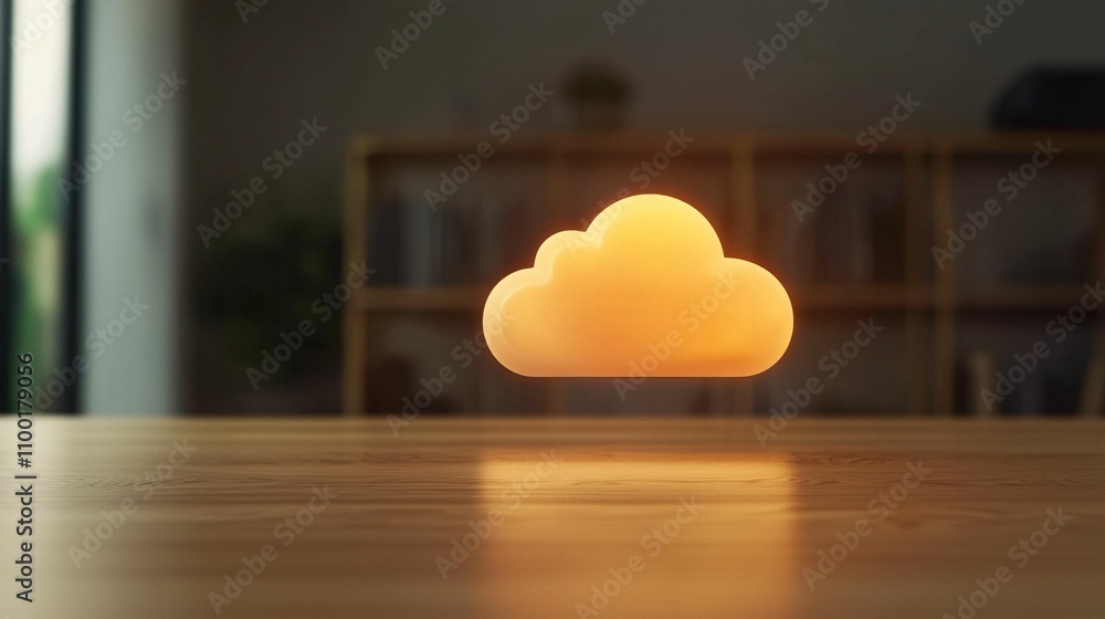 Poster cloud computing optimize. a glowing cloud icon hovers above a wooden surface, symbolizing digital st