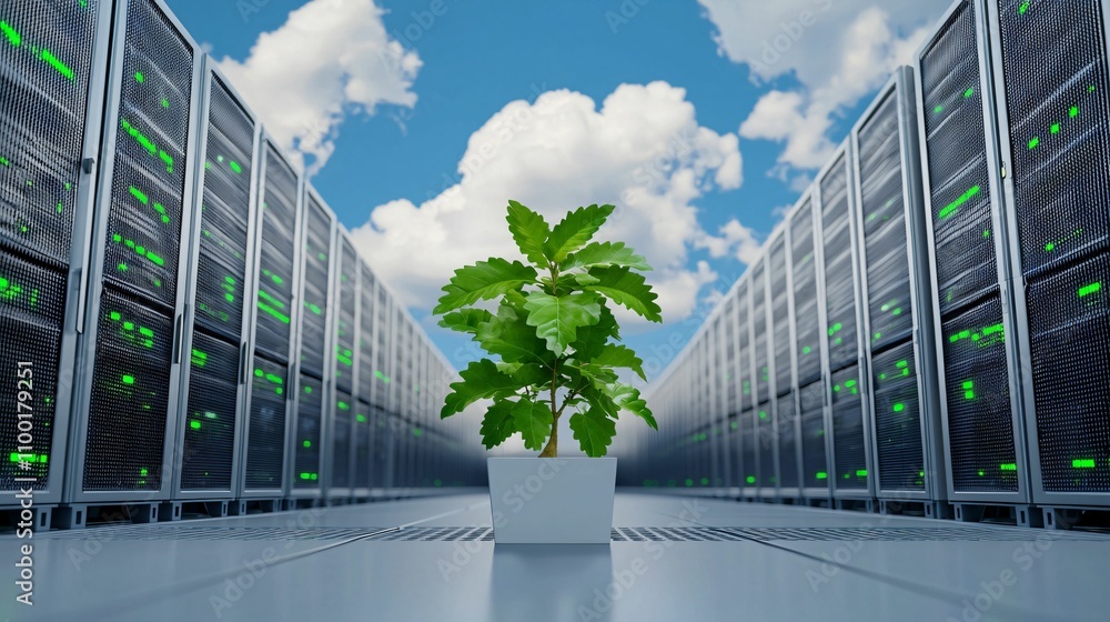 Poster cloud computing optimize. a vibrant green plant grows in a data center, symbolizing the fusion of te