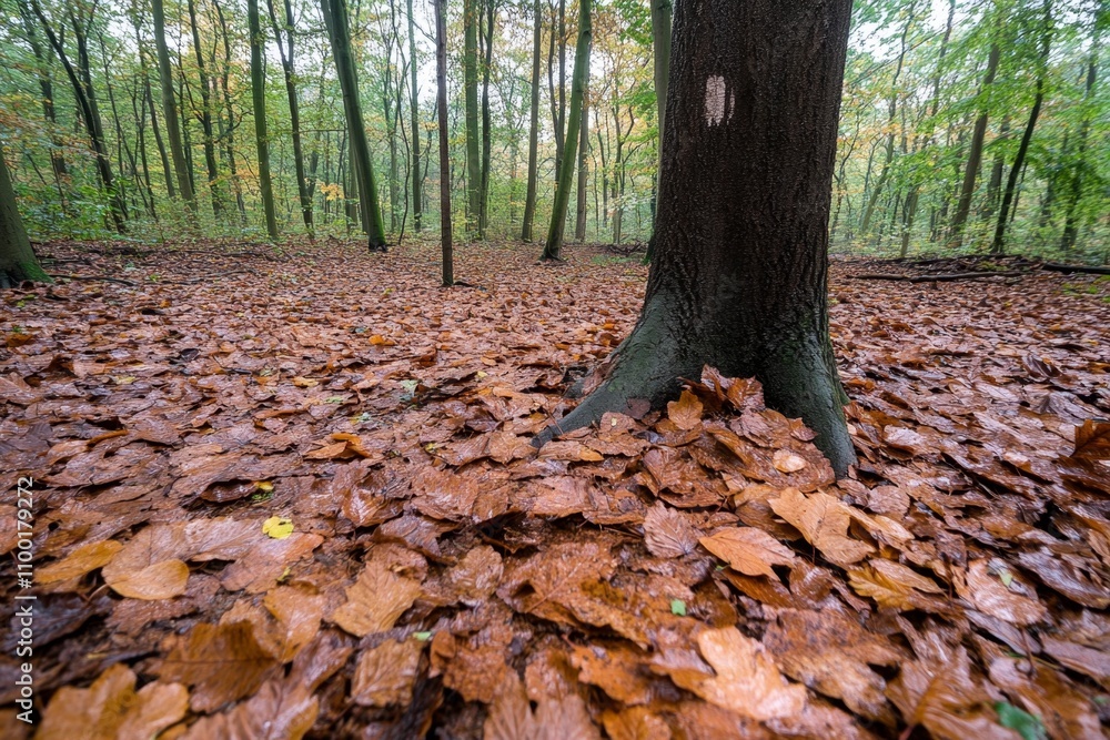 Poster a misty morning in an autumn forest, with soft golden light filtering through the fog and vibrant le