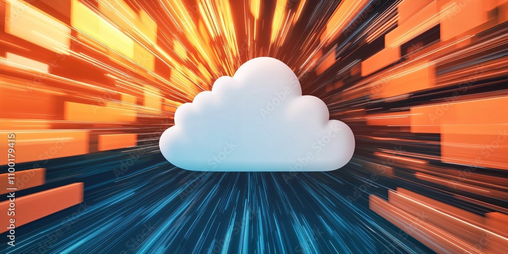 Poster cloud computing optimize. a vibrant graphic showing a cloud symbol amidst dynamic rays of orange and