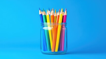 Fototapeta premium Colorful Pencils in Glass Jar on Bright Blue Background