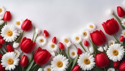 Obraz premium floral background with red and white tulips and daisies