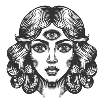 recommend clip art: woman with a third eye, symbolizing intuition and mysticism in vintage style sketch engraving generative ai fictional character raster illustration. Scratch board imitation. Black and white image.