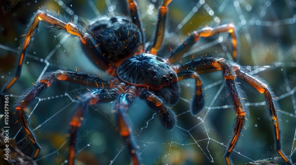 Poster a close-up view of a spider sitting on its web, surrounded by intricate patterns and dew droplets