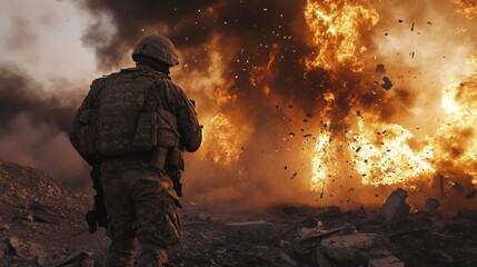 Naklejka premium A soldier taking cover behind debris as explosions erupt around him 
