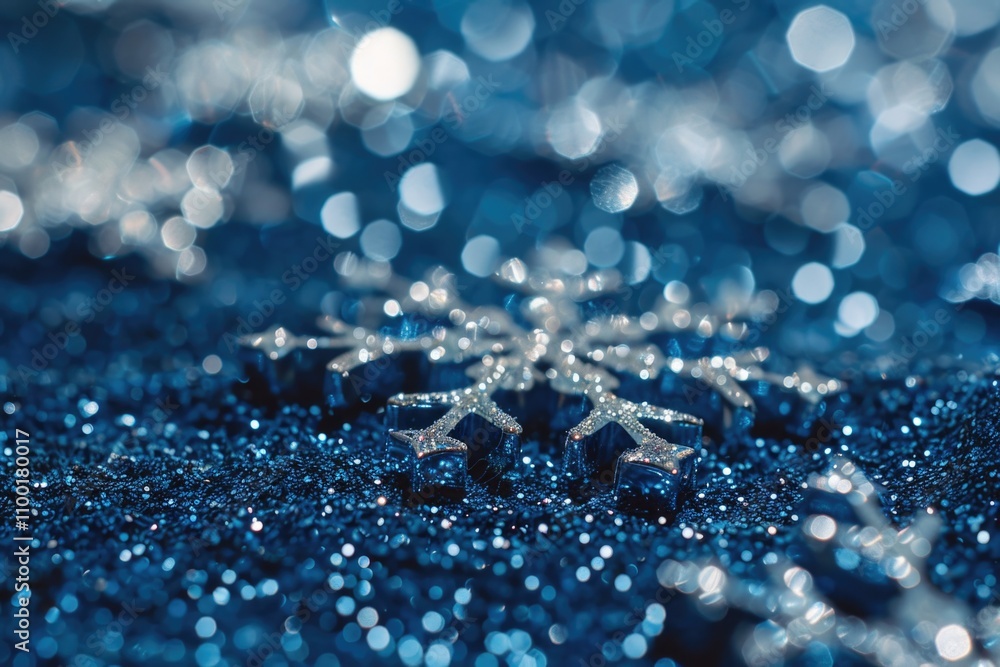 Poster a detailed view of a delicate snowflake resting on a calm blue surface