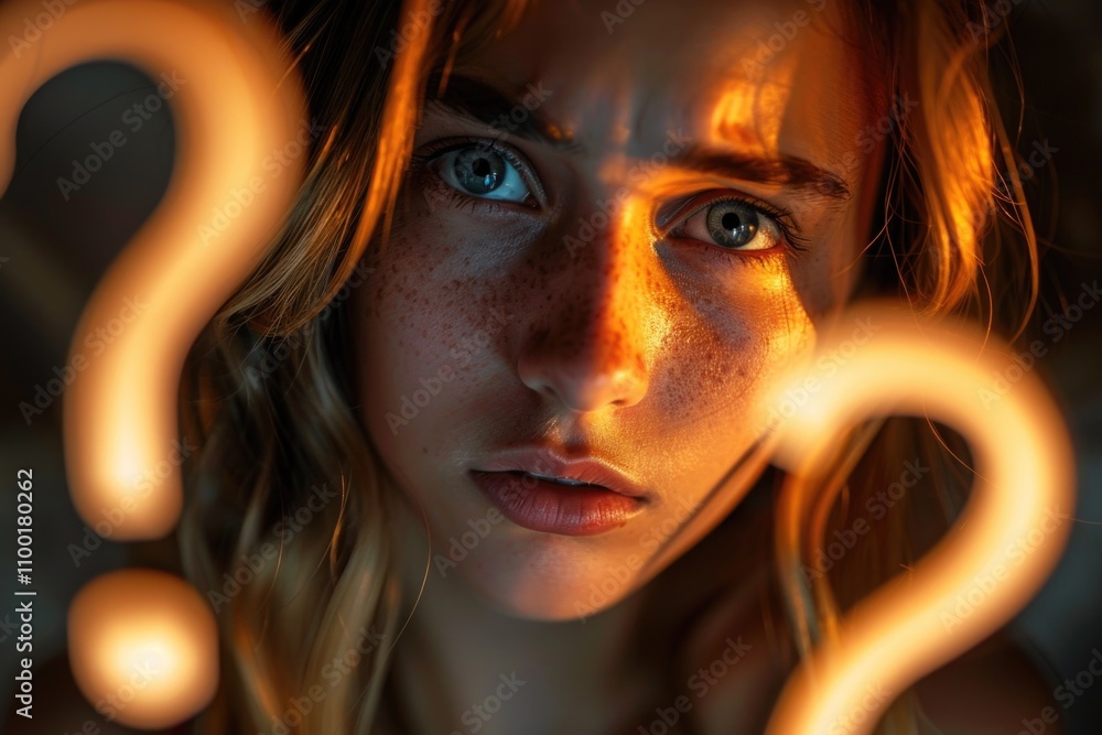Poster A woman looks directly at the camera with a thoughtful expression and a question mark on her face