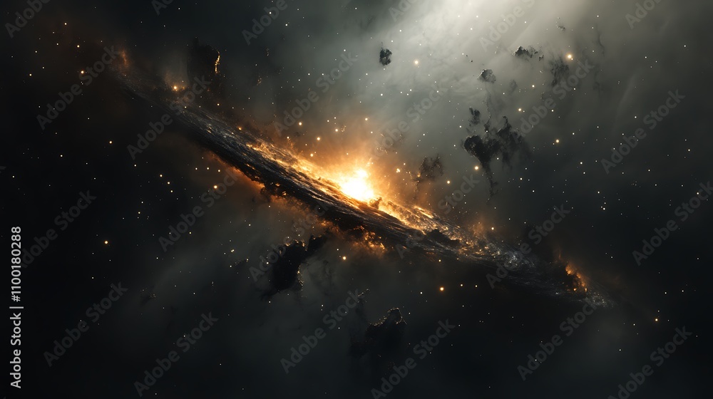 Poster a captivating 4k image of a spiraling galaxy in space, with its dynamic structure glowing amidst a f
