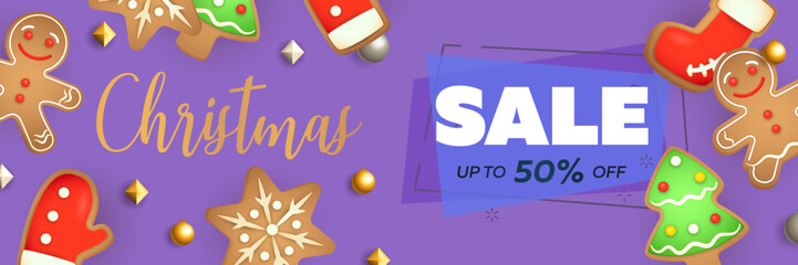 Christmas Sale banner design with gingerbreads on purple background. Vector illustration for advertising design, flyer and poster templates