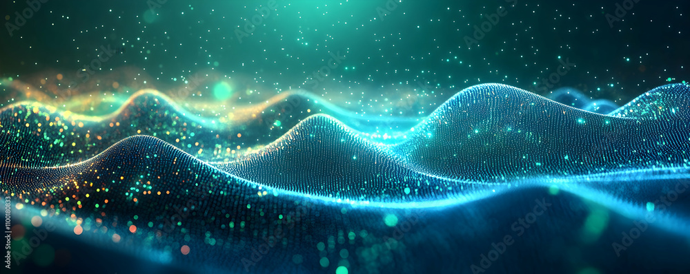 Poster abstract blue green particle wave data visualization