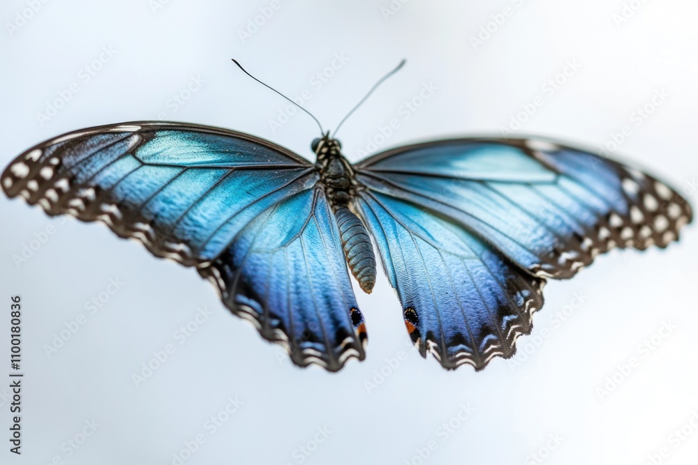 Poster a close-up shot of a blue butterfly perched on a white background, perfect for adding a touch of nat