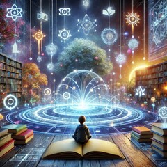 Obraz premium Magical Library Boy Knowledge Fantasy Illuminated Fountain Books Symbols Education Enlightenment
