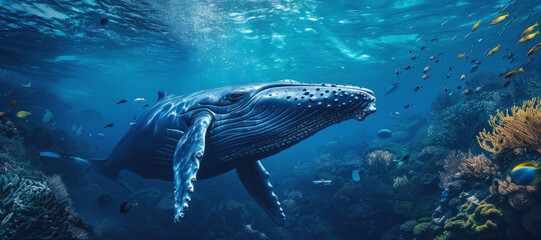 Obraz premium blue whale swims underwater in the ocean Generative AI