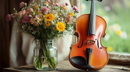 violin and flower bouquet in glass vase 