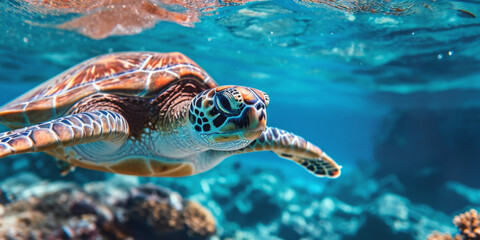 Fototapeta premium a large turtle swims underwater in the ocean Generative AI