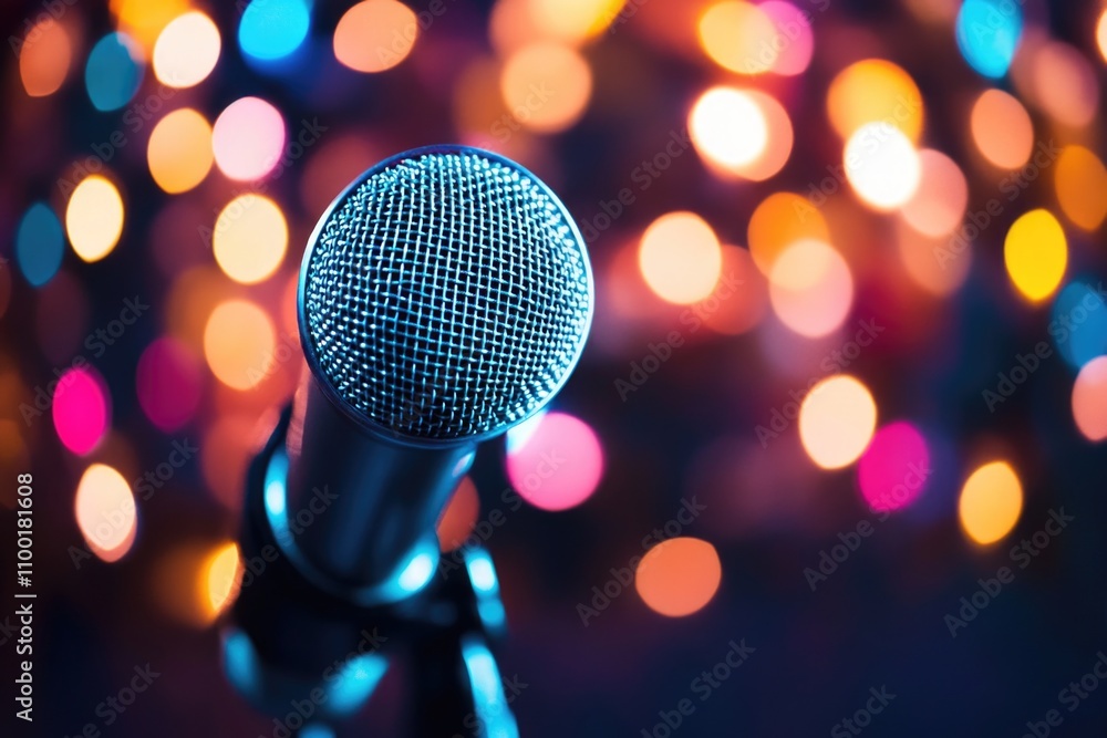 Poster A close-up view of a microphone with a blurred background of lights, ideal for use in presentations or music performances