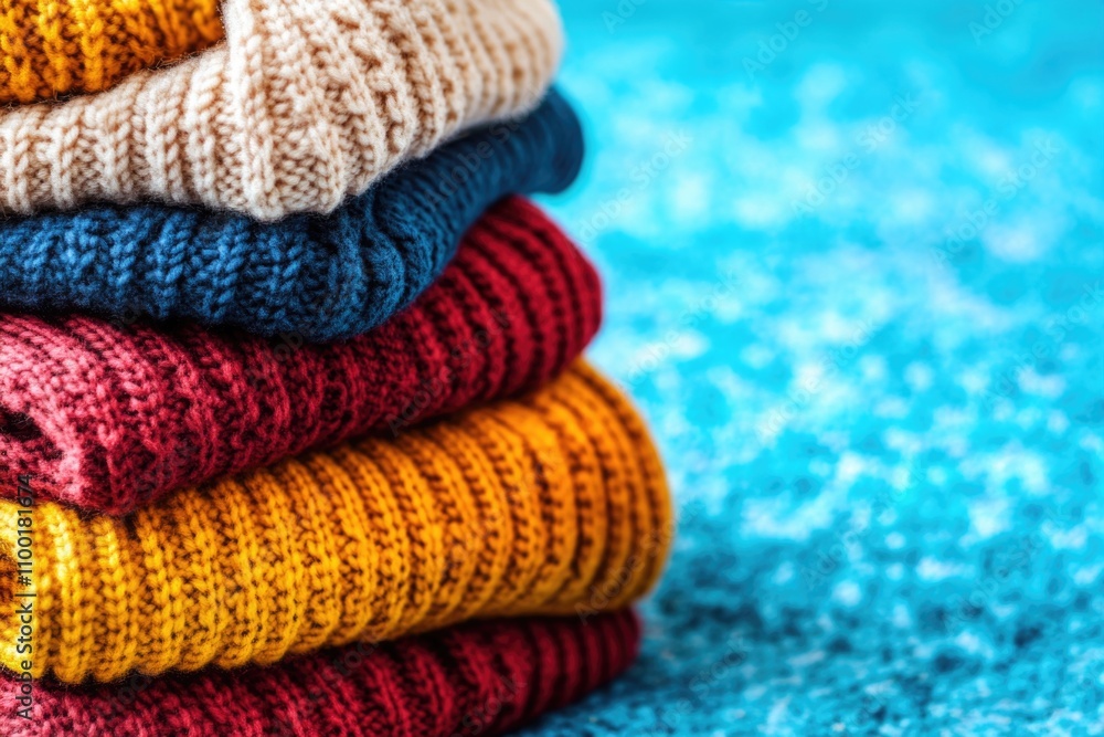 Poster a stack of colorful knitted sweaters on a blue surface