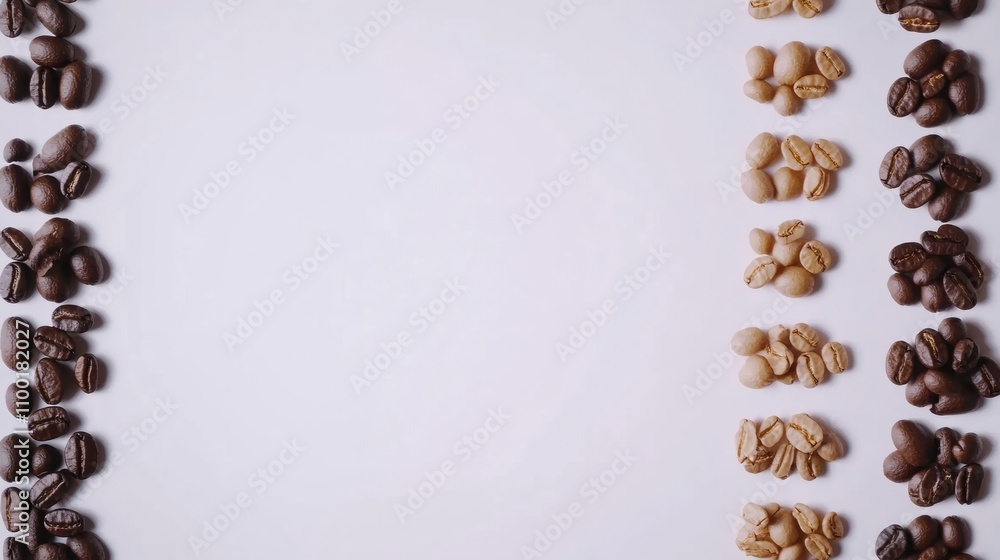 Poster various types of coffee beans are arranged in a neat layout on a white surface, creating an appealin