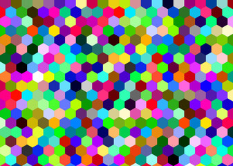 mosaic of many hexagons like a cells of beehive in many random colors