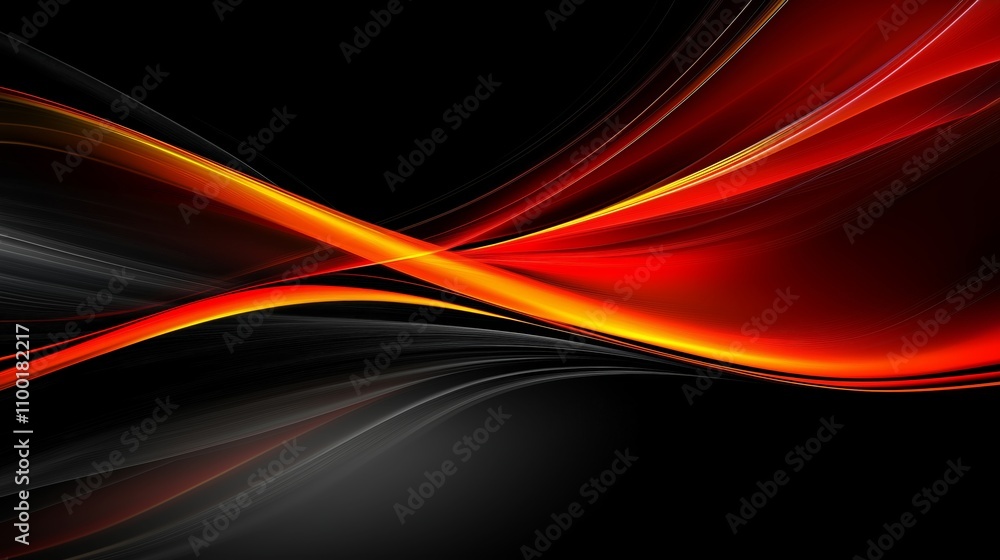 Poster a black background with three different colors of curved shapes.