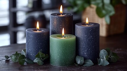 Cozy candle arrangement with eucalyptus on rustic table
