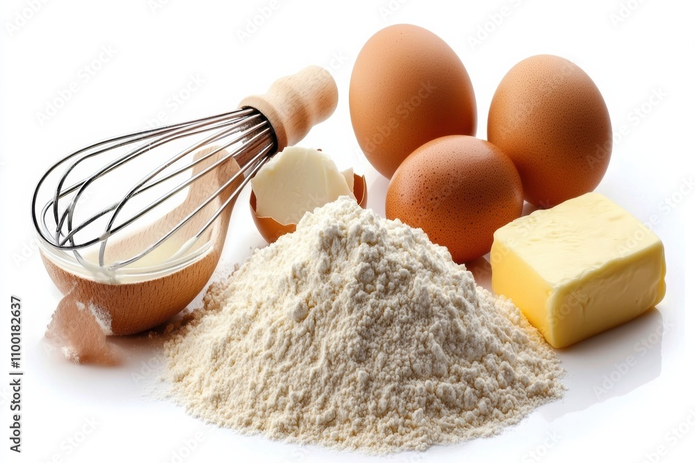 Poster flour, eggs, a whisk, and butter are neatly arranged on a white surface, ideal for highlighting baki