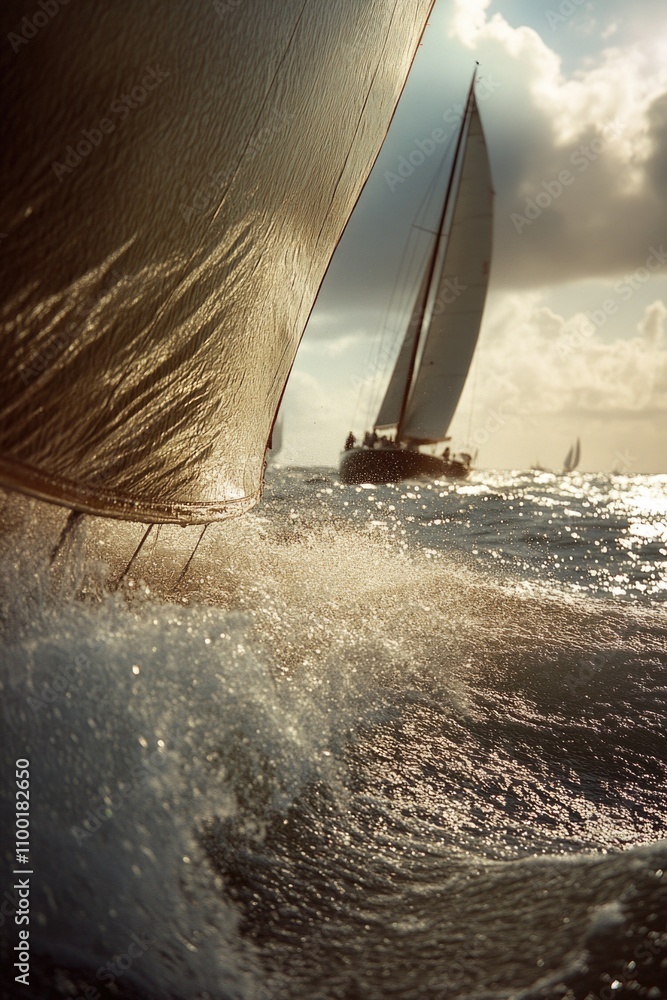 Poster a sailboat sailing through the open ocean with waves and sea spray