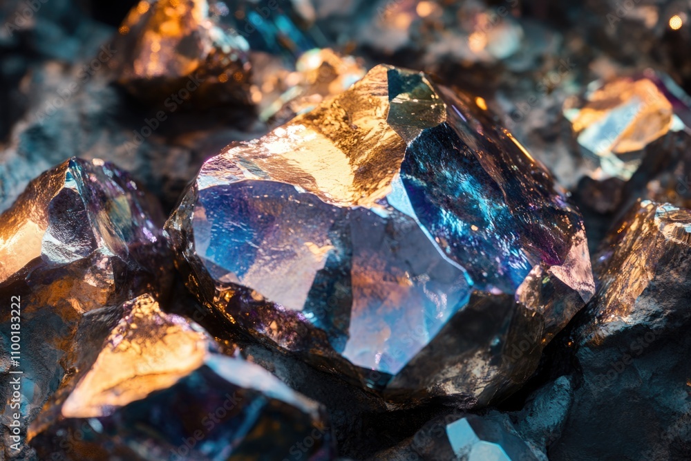 Poster a close-up view of a collection of crystals resting on top of a pile of rocks, ideal for use in stil