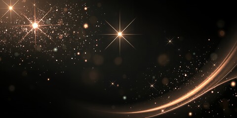 Fototapeta premium Golden light streaks across a dark background, sparkling with stardust.