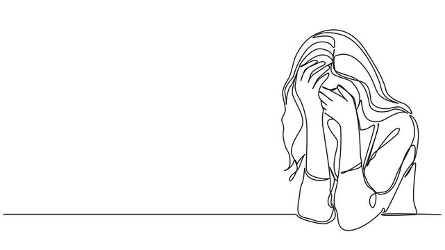 animated continuous single line drawing of sad woman covering her face with her hands, line art animation