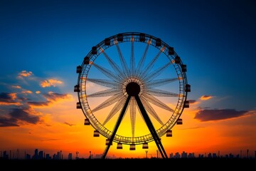 A photo of a Ferris wheel at sunset, with its central axis clearly visible