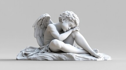 Fototapeta premium A serene sculpture of a seated angelic figure, conveying emotions of rest and contemplation, Ideal for art projects, religious themes, or as a decorative element in various creative works,