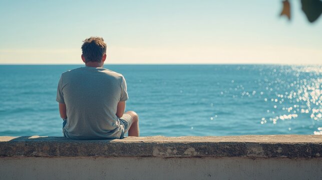 A person sitting on a wall overlooking the ocean, great for travel or outdoor related projects