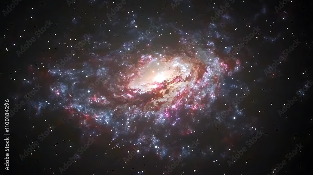 Poster a hyper-realistic depiction of a spiraling galaxy in deep space, captured in 4k resolution.