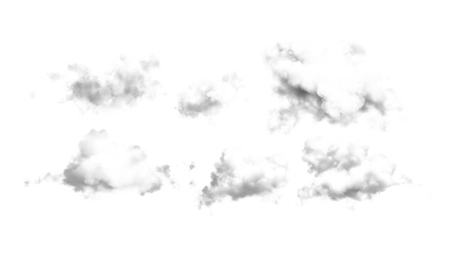 Set of gray smoke clouds isolated on transparent background